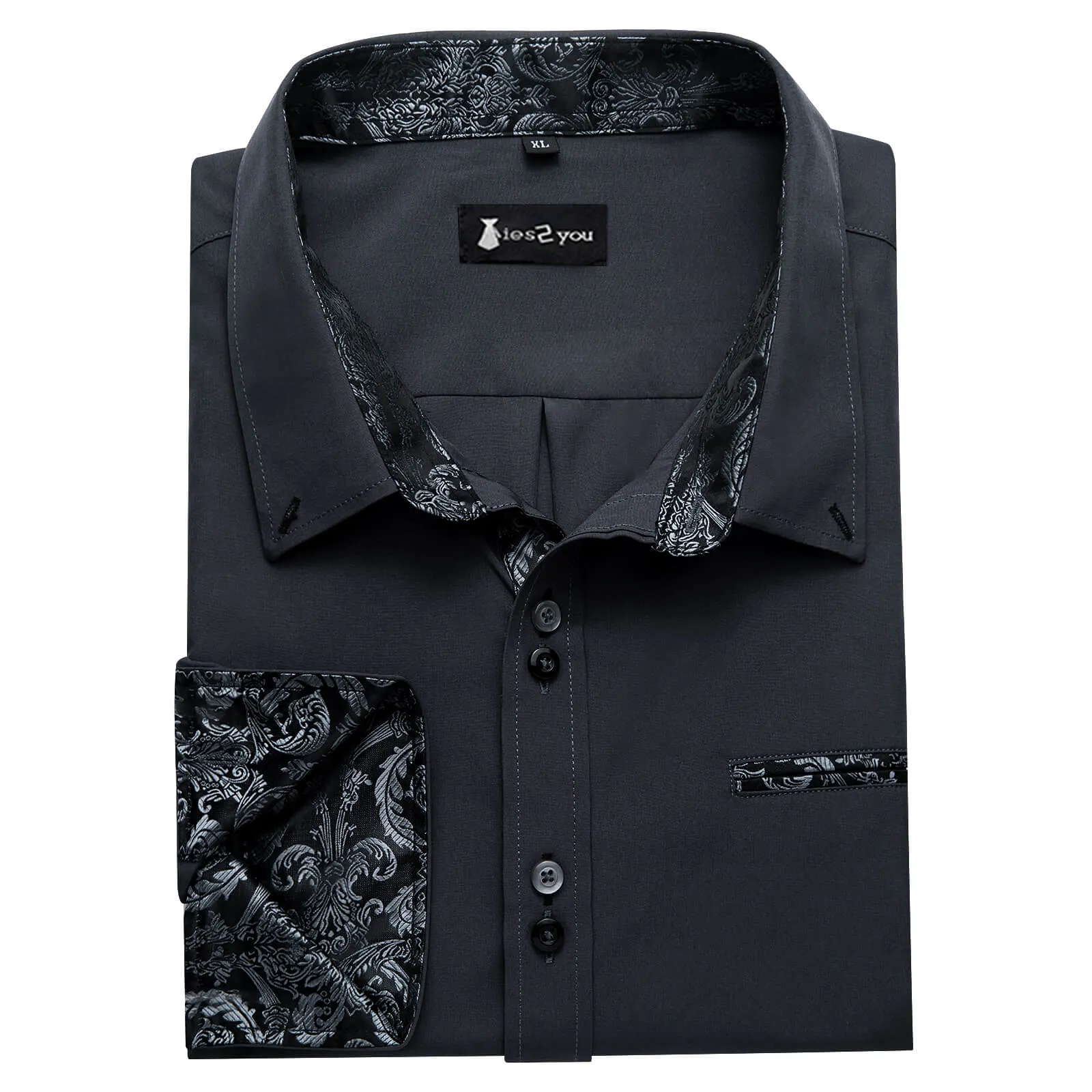 Ties2you Mens Silk Shirt Charcoal Grey Splicing Shirt Long Sleeve Button Down Business Shirt sold by Ties2You product image thumbnail 4