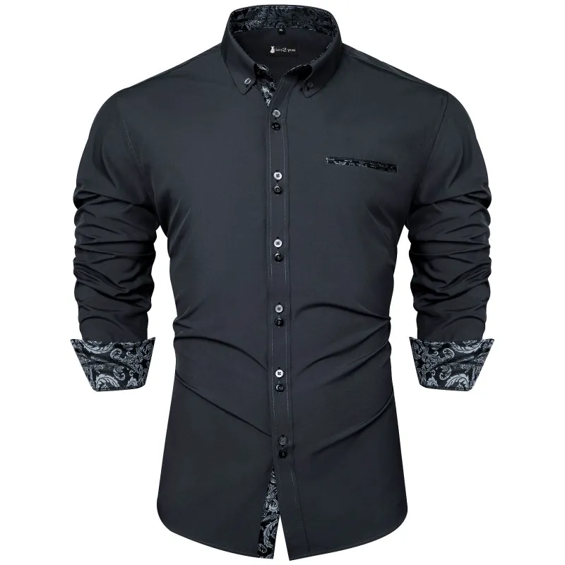 Ties2you Mens Silk Shirt Charcoal Grey Splicing Shirt Long Sleeve Button Down Business Shirt sold by Ties2You