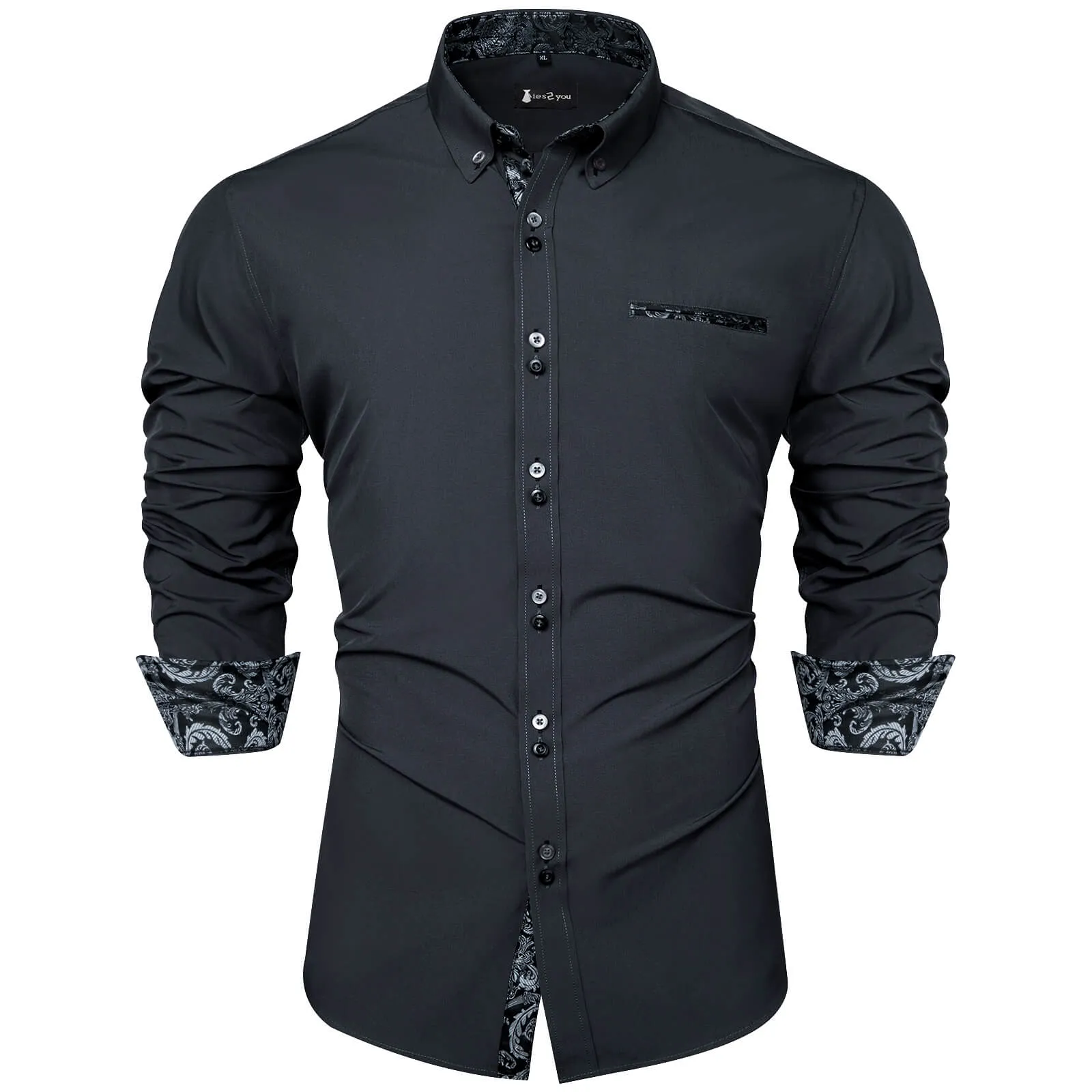 Ties2you Mens Silk Shirt Charcoal Grey Splicing Shirt Long Sleeve Button Down Business Shirt sold by Ties2You