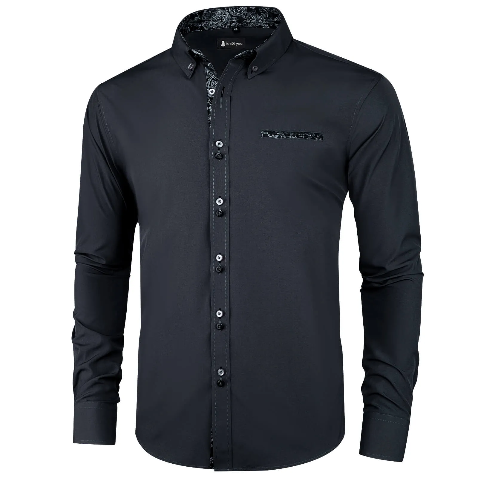 Ties2you Mens Silk Shirt Charcoal Grey Splicing Shirt Long Sleeve Button Down Business Shirt sold by Ties2You product image thumbnail 2