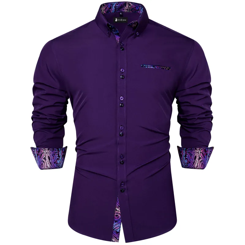 Ties2you Mens Shirt Long Sleeve Purple Paisley Splicing Casual Button Down Shirt sold by Ties2You