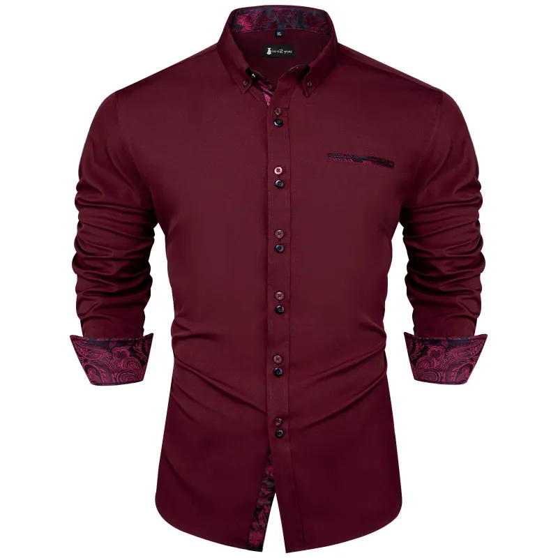 Ties2you Mens Burgundy Shirt Paisley Splicing Long Sleeve Casual Button Down Shirt sold by Ties2You