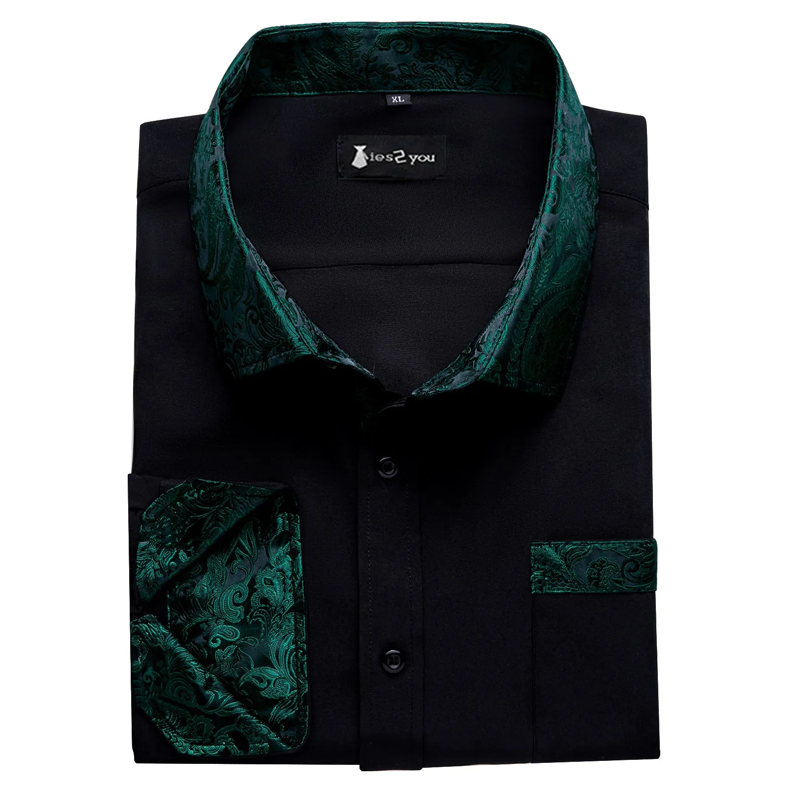 Ties2you Mens Black Splicing Shirt Green Long Sleeve Casual Button Down Shirt sold by Ties2You product image thumbnail 3