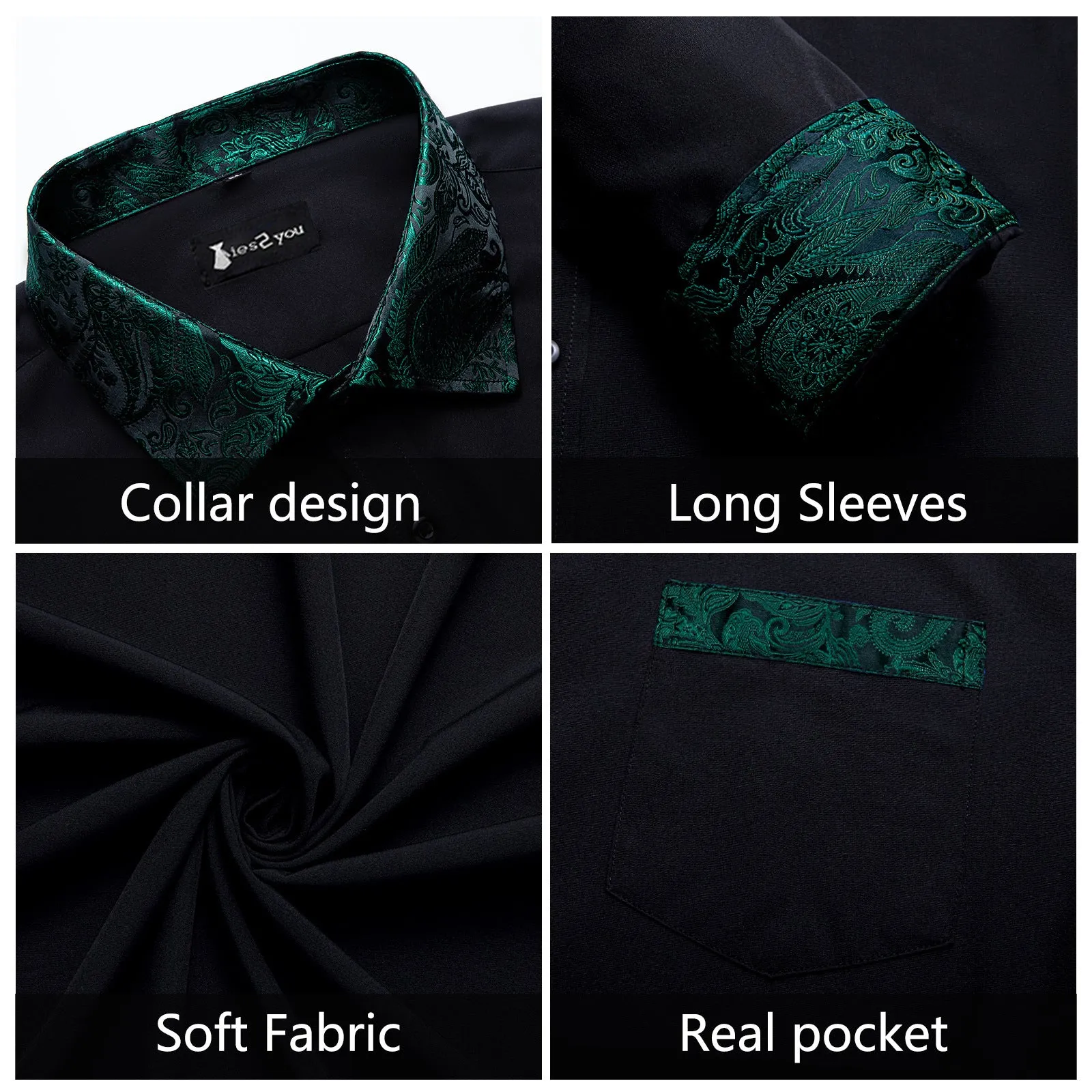 Ties2you Mens Black Splicing Shirt Green Long Sleeve Casual Button Down Shirt sold by Ties2You product image thumbnail 4