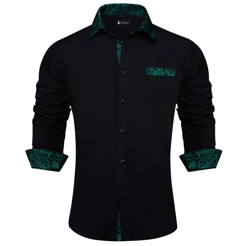 Ties2you Mens Black Splicing Shirt Green Long Sleeve Casual Button Down Shirt sold by Ties2You