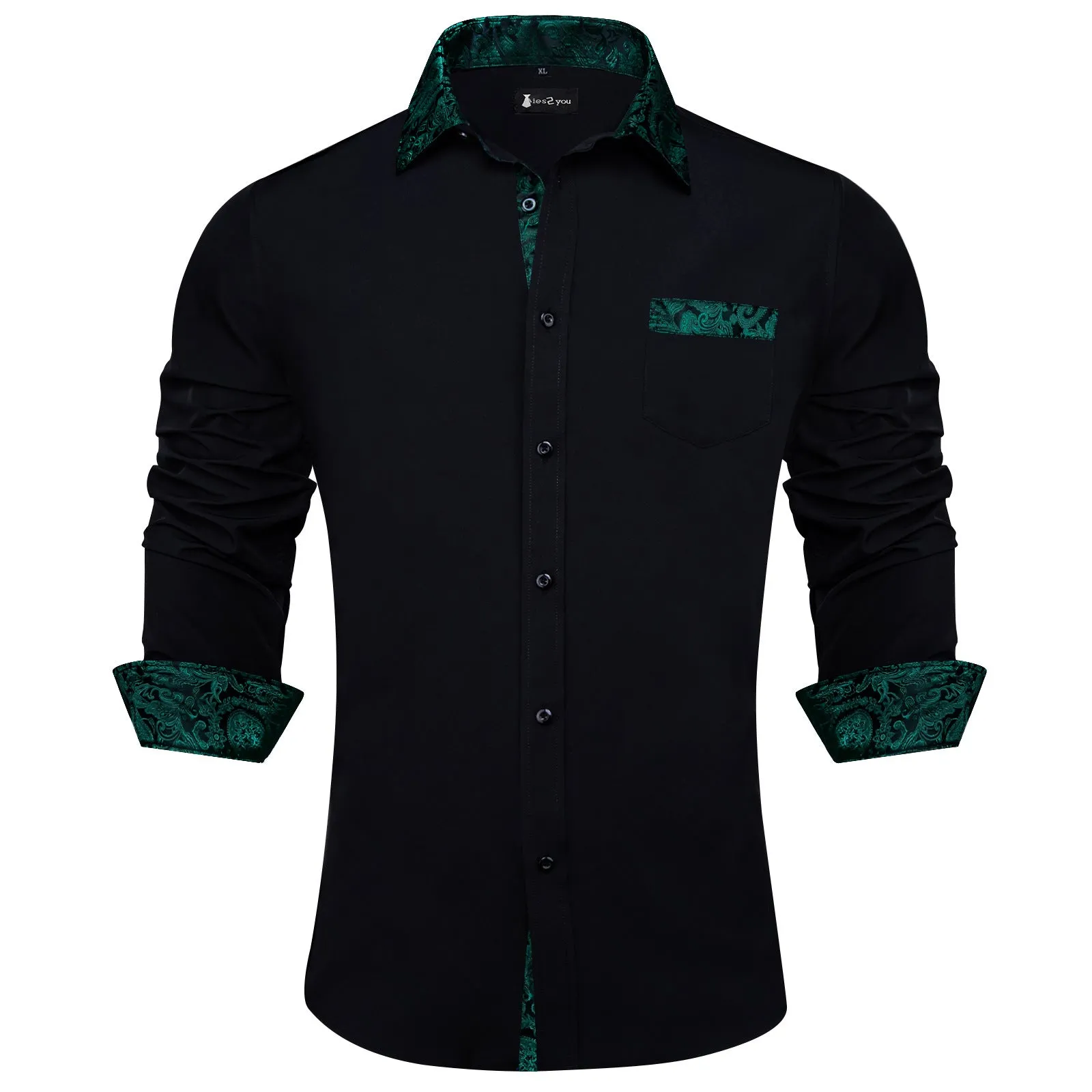 Ties2you Mens Black Splicing Shirt Green Long Sleeve Casual Button Down Shirt sold by Ties2You