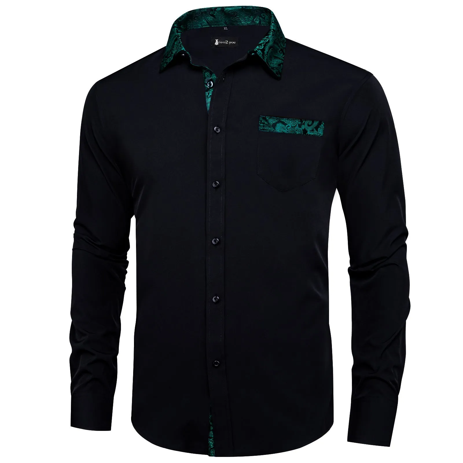 Ties2you Mens Black Splicing Shirt Green Long Sleeve Casual Button Down Shirt sold by Ties2You product image thumbnail 2