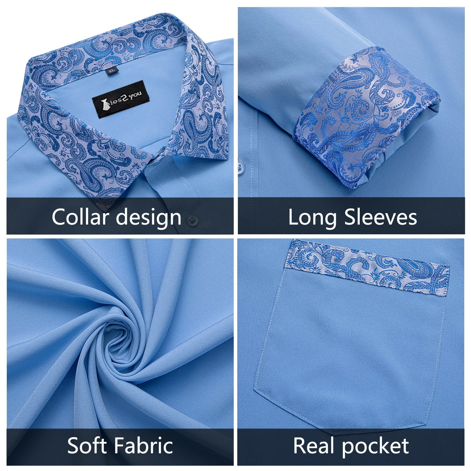 Ties2you Dusty Blue Shirt Mens Splicing Solid Long Sleeve Casual Button Down Shirt sold by Ties2You product image thumbnail 4