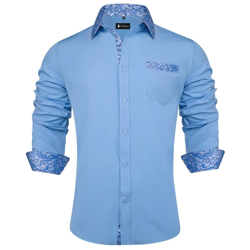 Ties2you Dusty Blue Shirt Mens Splicing Solid Long Sleeve Casual Button Down Shirt sold by Ties2You