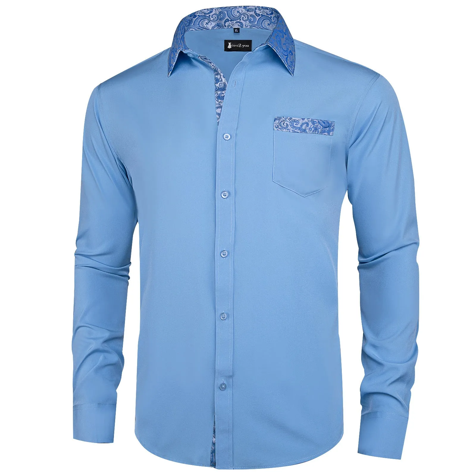 Ties2you Dusty Blue Shirt Mens Splicing Solid Long Sleeve Casual Button Down Shirt sold by Ties2You product image thumbnail 2