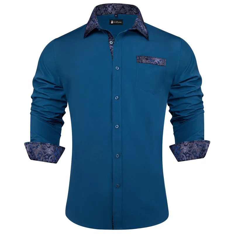 Ties2you Classic Blue Shirt Mens Splicing Long Sleeve Button Down Business Shirt sold by Ties2You