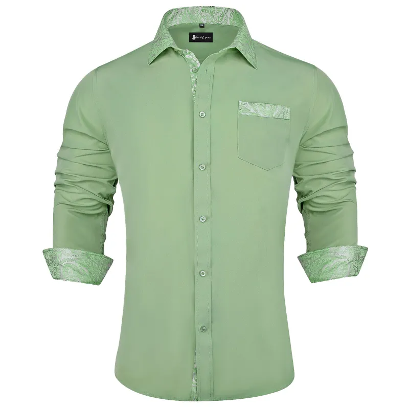 Ties2you Sage Green Splicing Shirt Mens Solid Long Sleeve Button Down Shirt sold by Ties2You