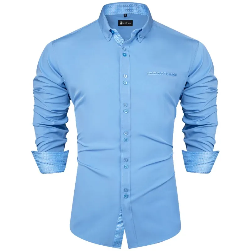 Ties2you Mens Shirt Carolina Blue Plaid Splicing Silk Long Sleeve Shirt sold by Ties2You