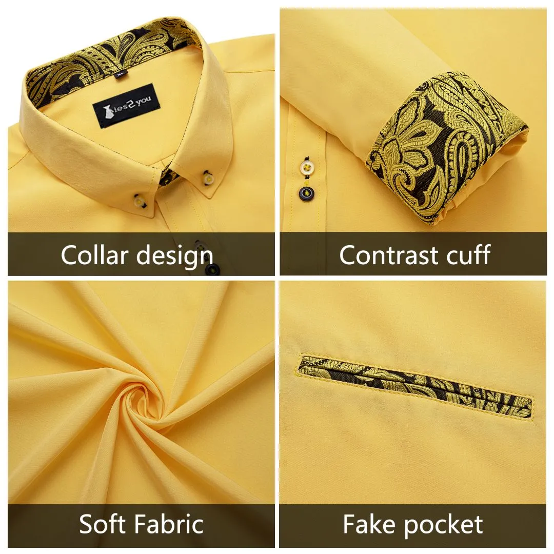 Ties2you Long Sleeve Shirt Wrinkle-Free Yellow Shirt Gold Floral Splicing Shirt sold by Ties2You product image thumbnail 5