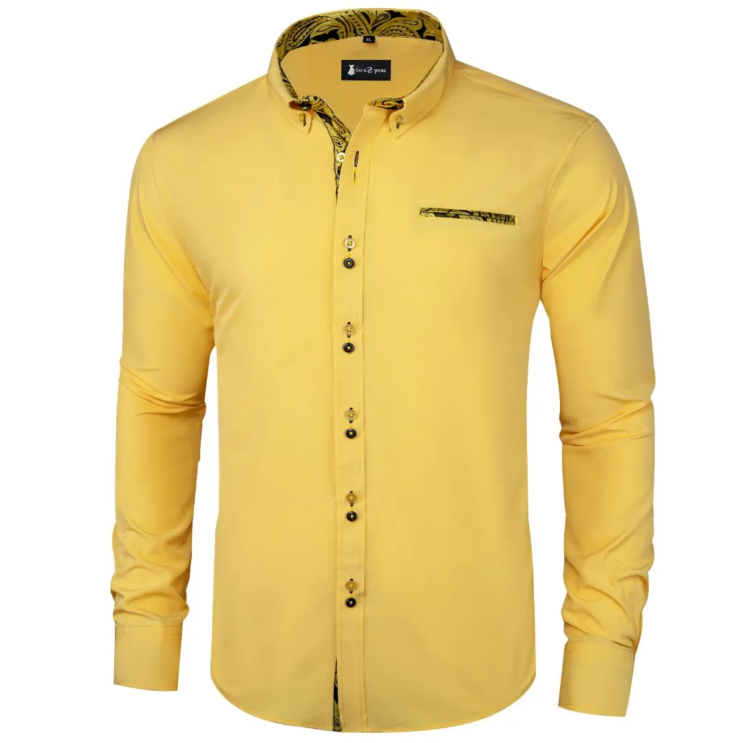 Ties2you Long Sleeve Shirt Wrinkle-Free Yellow Shirt Gold Floral Splicing Shirt sold by Ties2You product image thumbnail 2