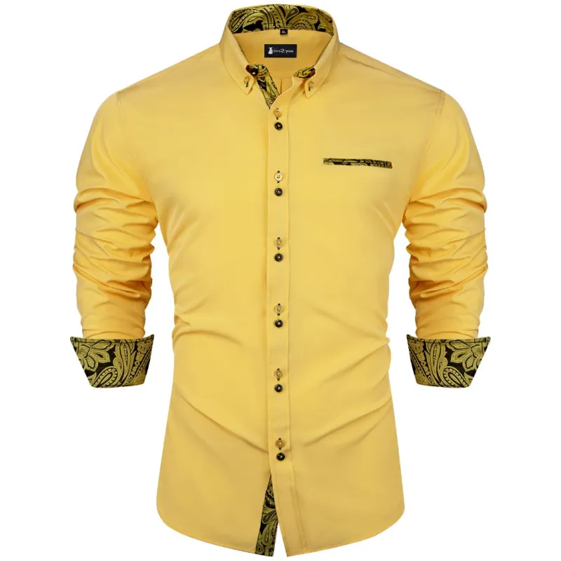 Ties2you Long Sleeve Shirt Wrinkle-Free Yellow Shirt Gold Floral Splicing Shirt sold by Ties2You