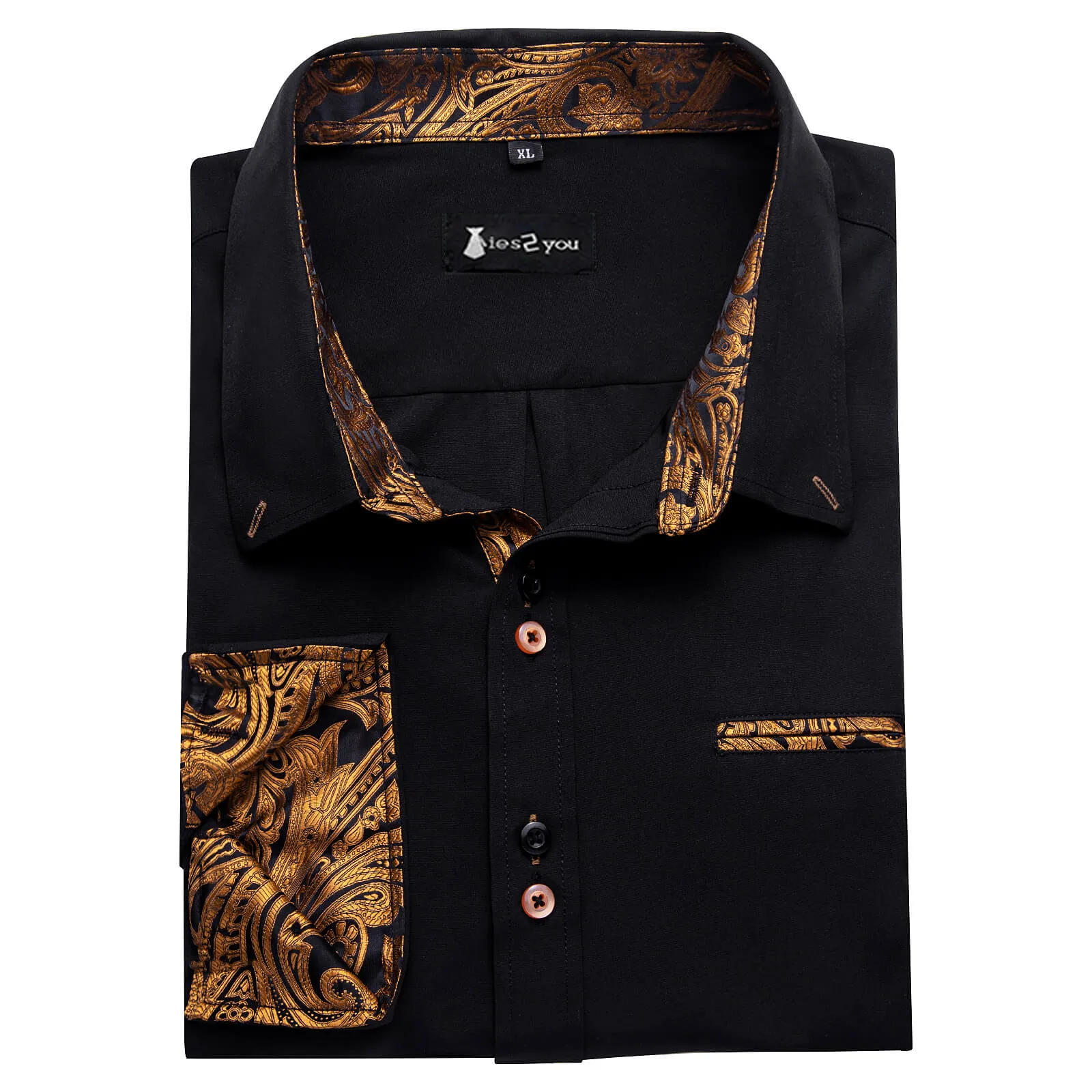 Ties2you Black Gold Splicing Shirt Mens Silk Long Sleeve Button Down Casual Shirt sold by Ties2You product image thumbnail 4