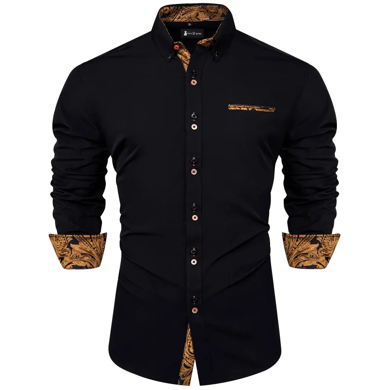 Ties2you Black Gold Splicing Shirt Mens Silk Long Sleeve Button Down Casual Shirt sold by Ties2You