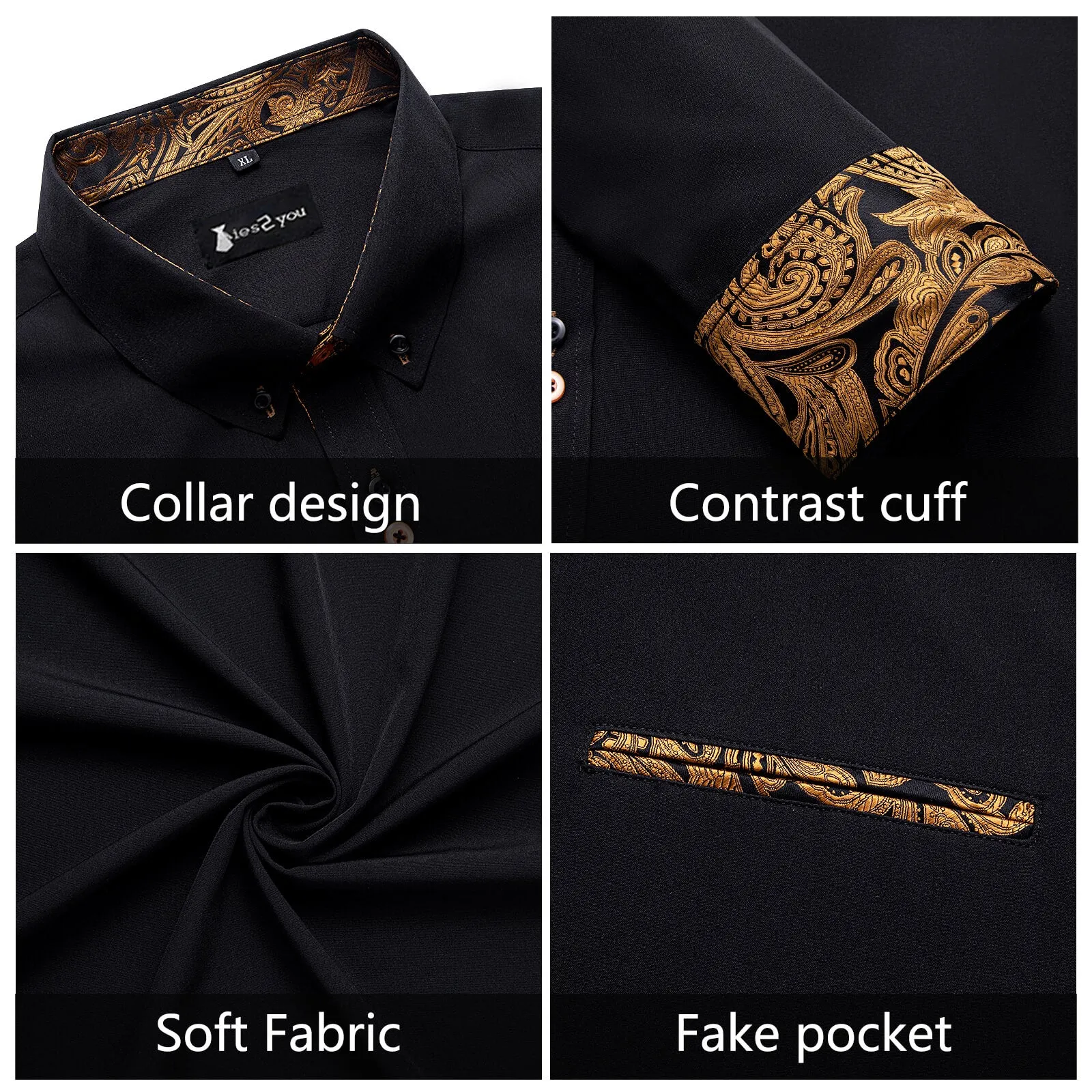 Ties2you Black Gold Splicing Shirt Mens Silk Long Sleeve Button Down Casual Shirt sold by Ties2You product image thumbnail 5