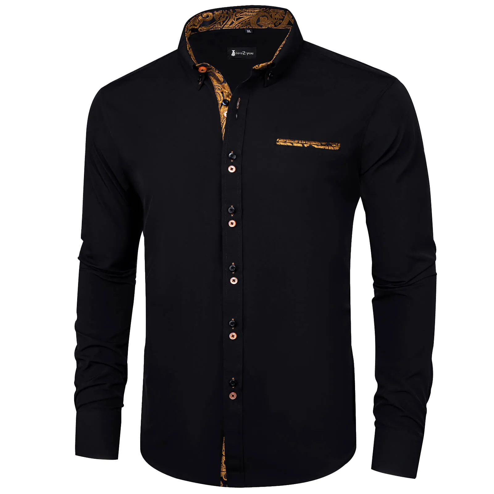 Ties2you Black Gold Splicing Shirt Mens Silk Long Sleeve Button Down Casual Shirt sold by Ties2You product image thumbnail 2