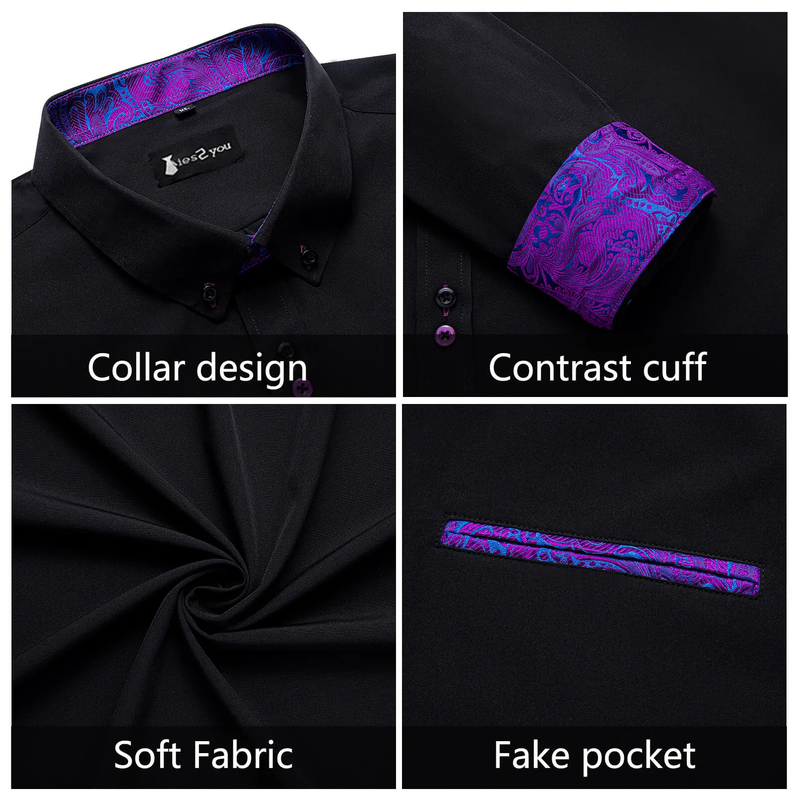 Ties2you Black Purple Splicing Shirt Mens Slim Fit Long Sleeve Button Down Formal Shirt sold by Ties2You product image thumbnail 5