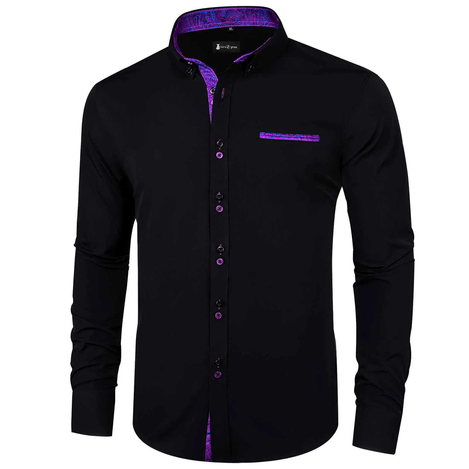 Ties2you Black Purple Splicing Shirt Mens Slim Fit Long Sleeve Button Down Formal Shirt sold by Ties2You product image thumbnail 2