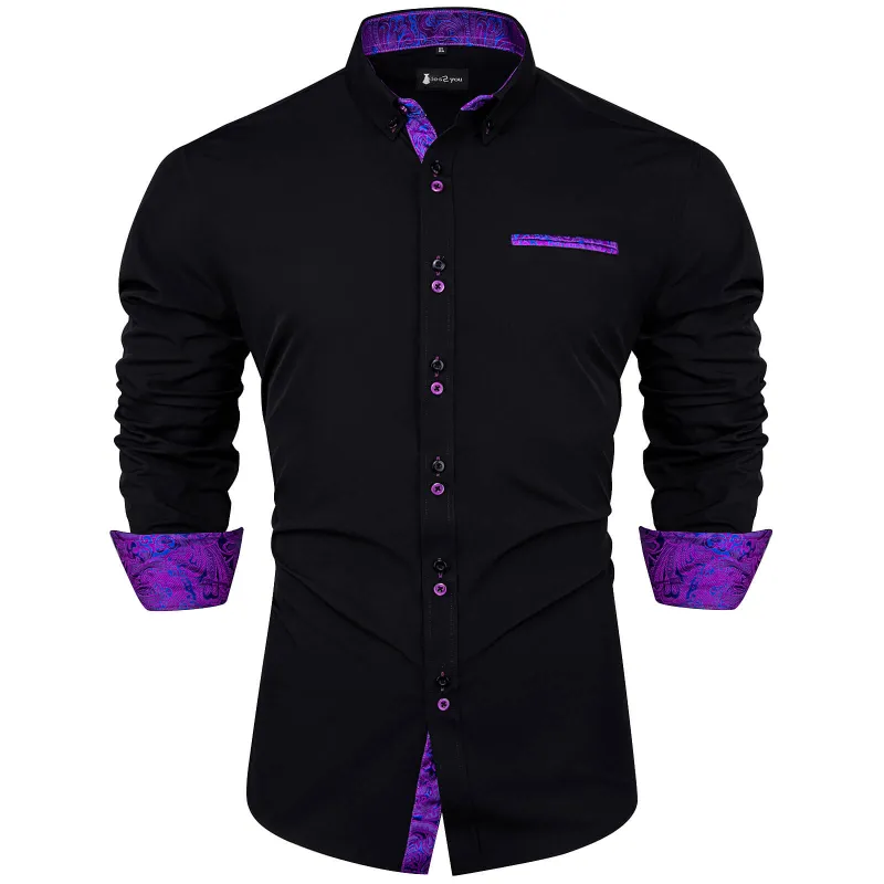 Ties2you Black Purple Splicing Shirt Mens Slim Fit Long Sleeve Button Down Formal Shirt sold by Ties2You
