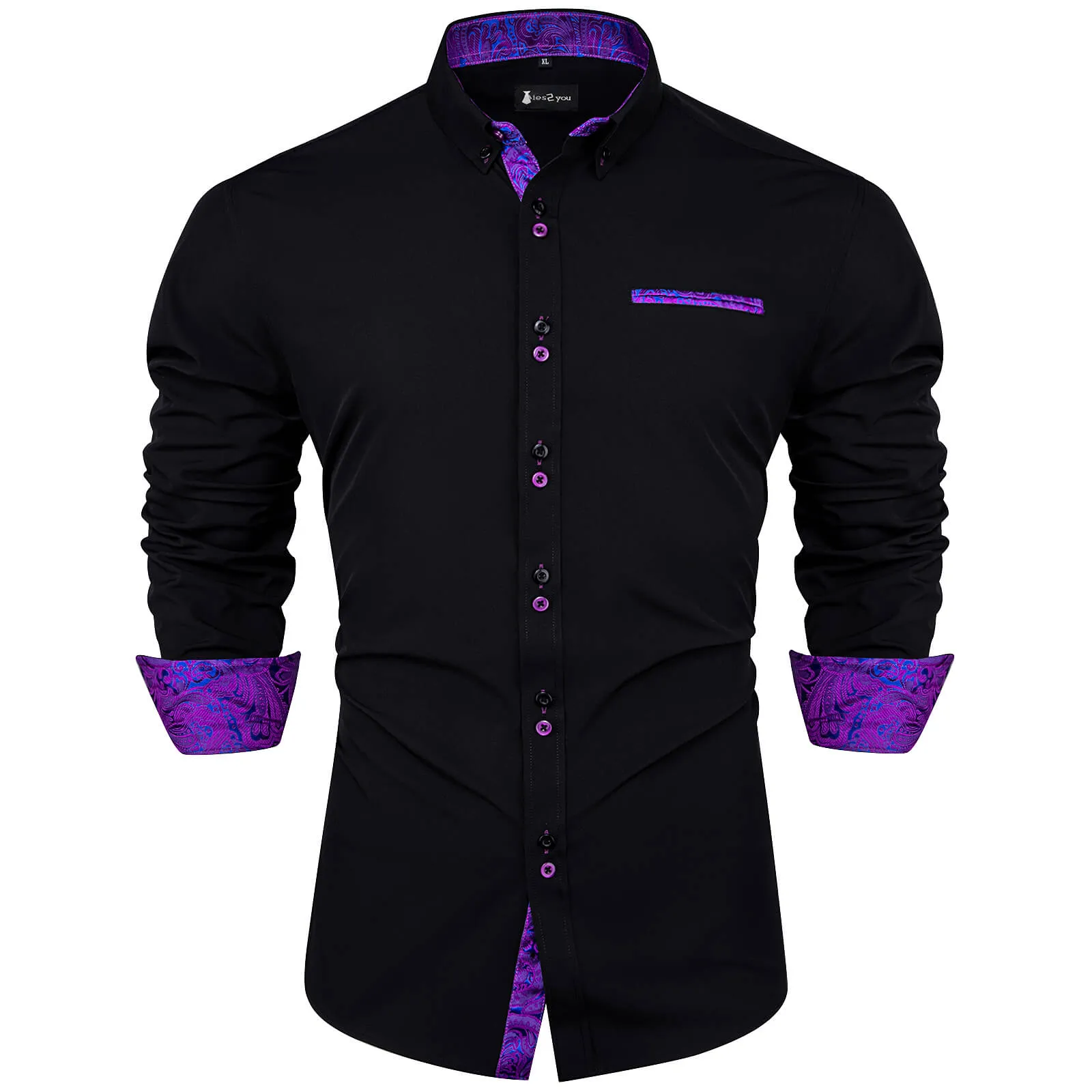 Ties2you Black Purple Splicing Shirt Mens Slim Fit Long Sleeve Button Down Formal Shirt sold by Ties2You