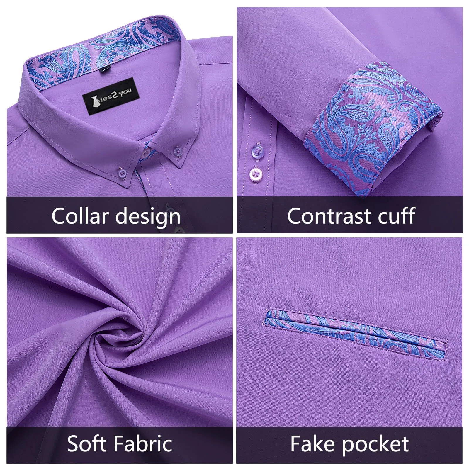 Ties2you Splicing Shirt Lavender Purple Floral Mens Long Sleeve Shirt sold by Ties2You product image thumbnail 5