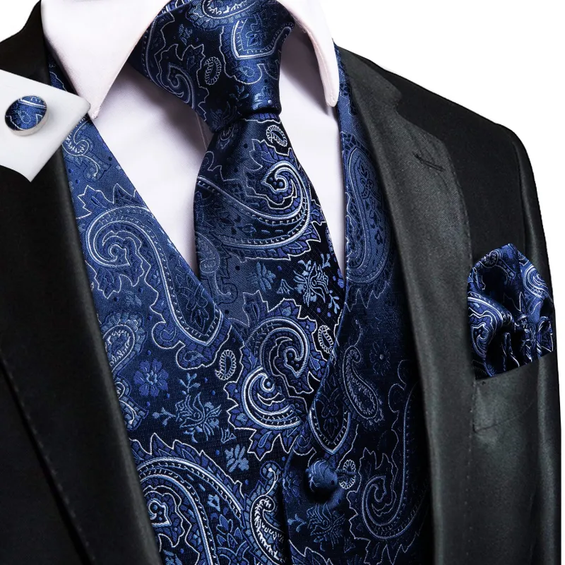 Ties2you Mens Navy Blue Suit Vest Paisley Wedding Dress Waistcoat Necktie Pocket Square Set sold by Ties2You