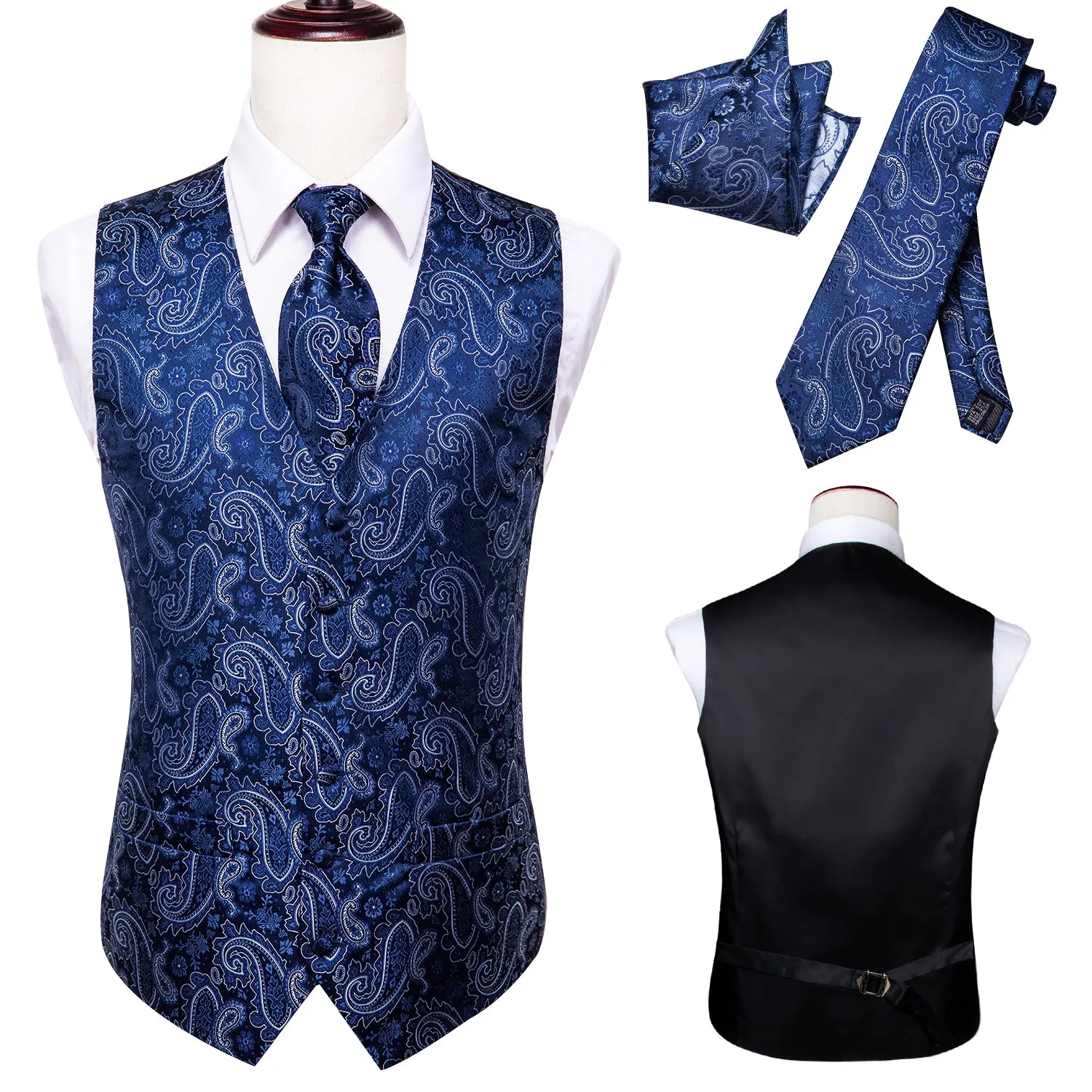 Ties2you Mens Navy Blue Suit Vest Paisley Wedding Dress Waistcoat Necktie Pocket Square Set sold by Ties2You product image thumbnail 5