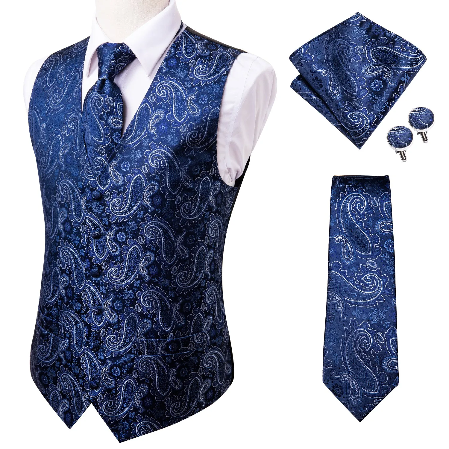 Ties2you Mens Navy Blue Suit Vest Paisley Wedding Dress Waistcoat Necktie Pocket Square Set sold by Ties2You product image thumbnail 3