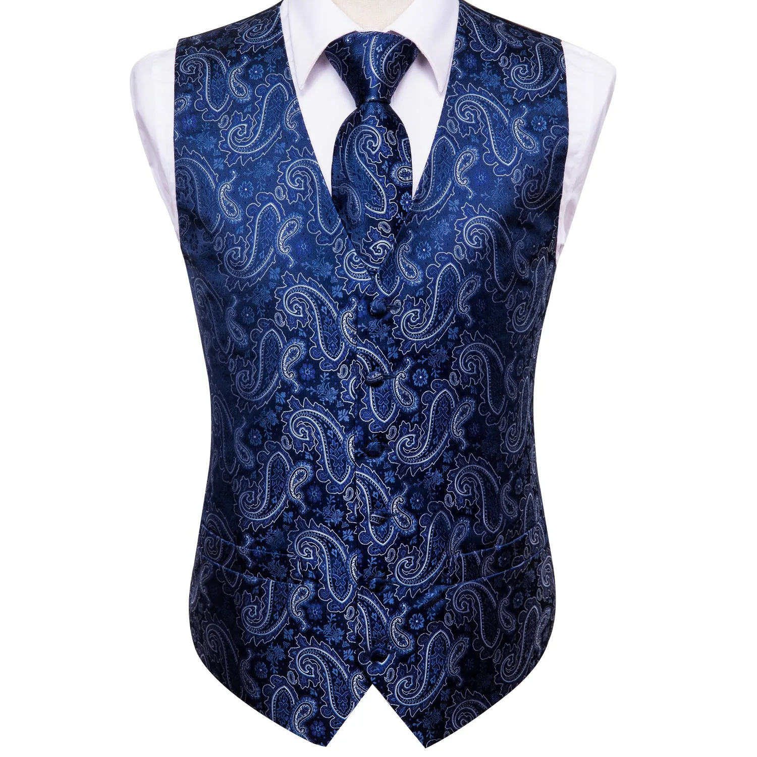 Ties2you Mens Navy Blue Suit Vest Paisley Wedding Dress Waistcoat Necktie Pocket Square Set sold by Ties2You product image thumbnail 2