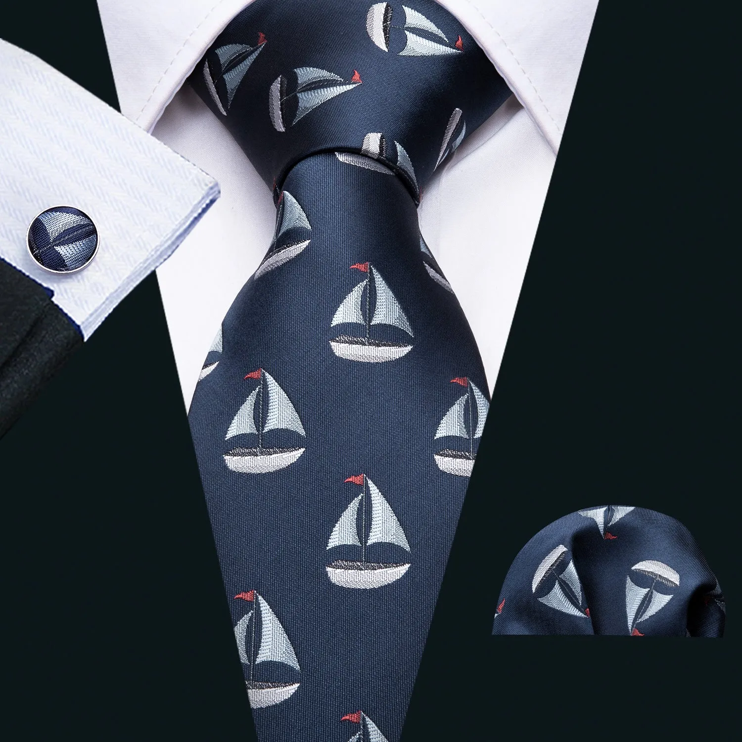 Sailboat Deep Blue Novelty Silk Men's Tie Hanky Cufflinks Set sold by Ties2You