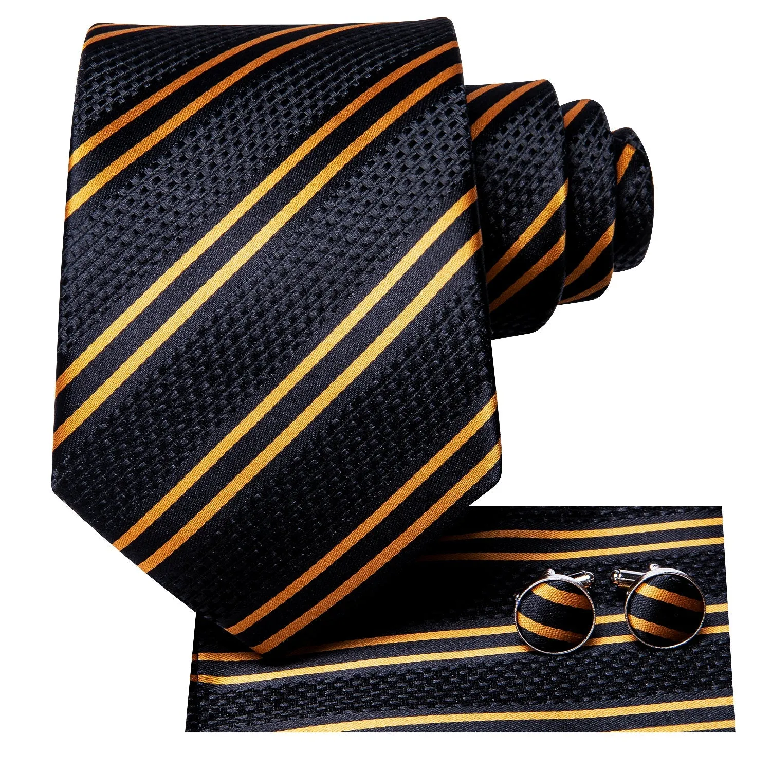 Black Golden Striped Necktie Pocket Square Cufflinks Set sold by Ties2You product image thumbnail 2