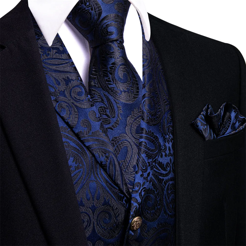 Ties2you Dress Vest Dark Blue Paisley Collar Silk Mens Waistcoat Tie Set sold by Ties2You