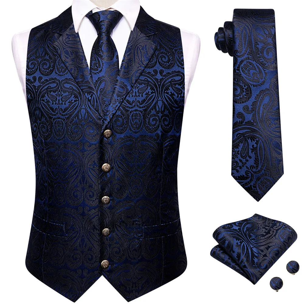 Ties2you Dress Vest Dark Blue Paisley Collar Silk Mens Waistcoat Tie Set sold by Ties2You product image thumbnail 2