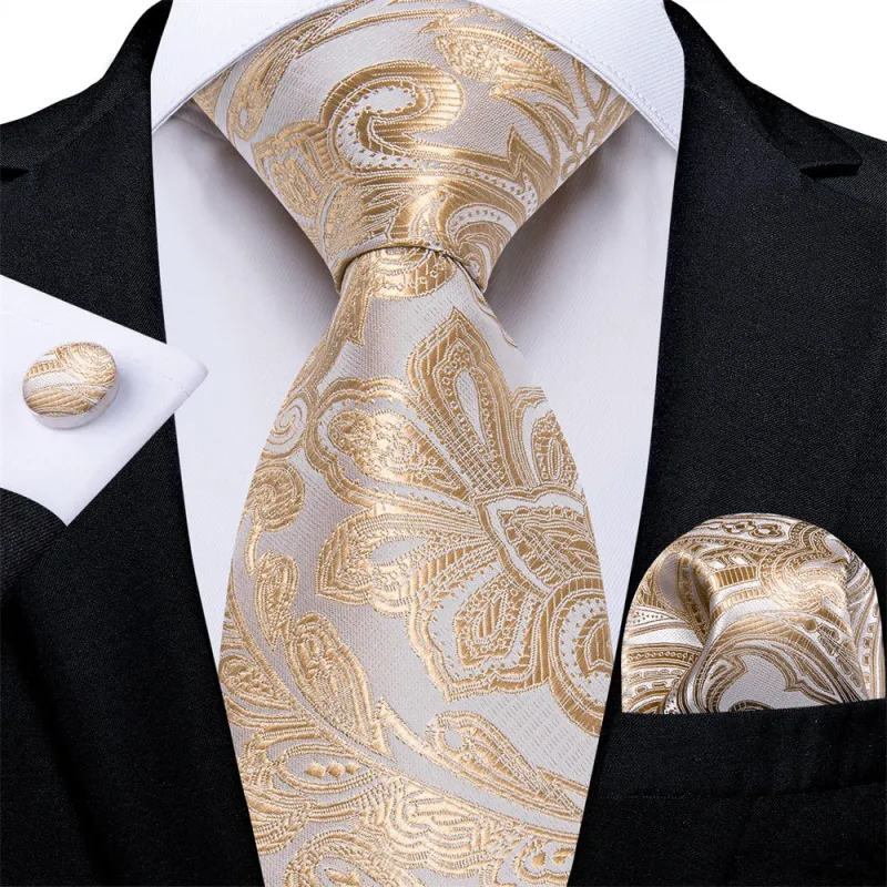 Ties2you Mens Tie Champagne Paisley Necktie Pocket Square Cufflinks Set sold by Ties2You