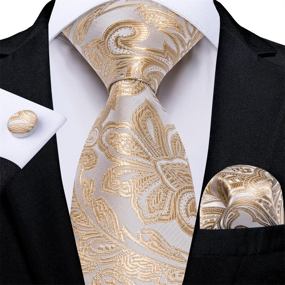 Ties2you Mens Tie Champagne Paisley Necktie Pocket Square Cufflinks Set sold by Ties2You