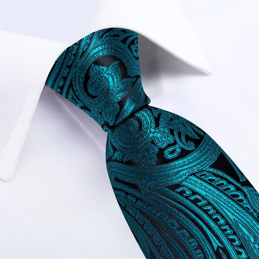 Ties2you Mens Tie Teal Blue Paisley Necktie Pocket Square Cufflinks Set sold by Ties2You product image thumbnail 2