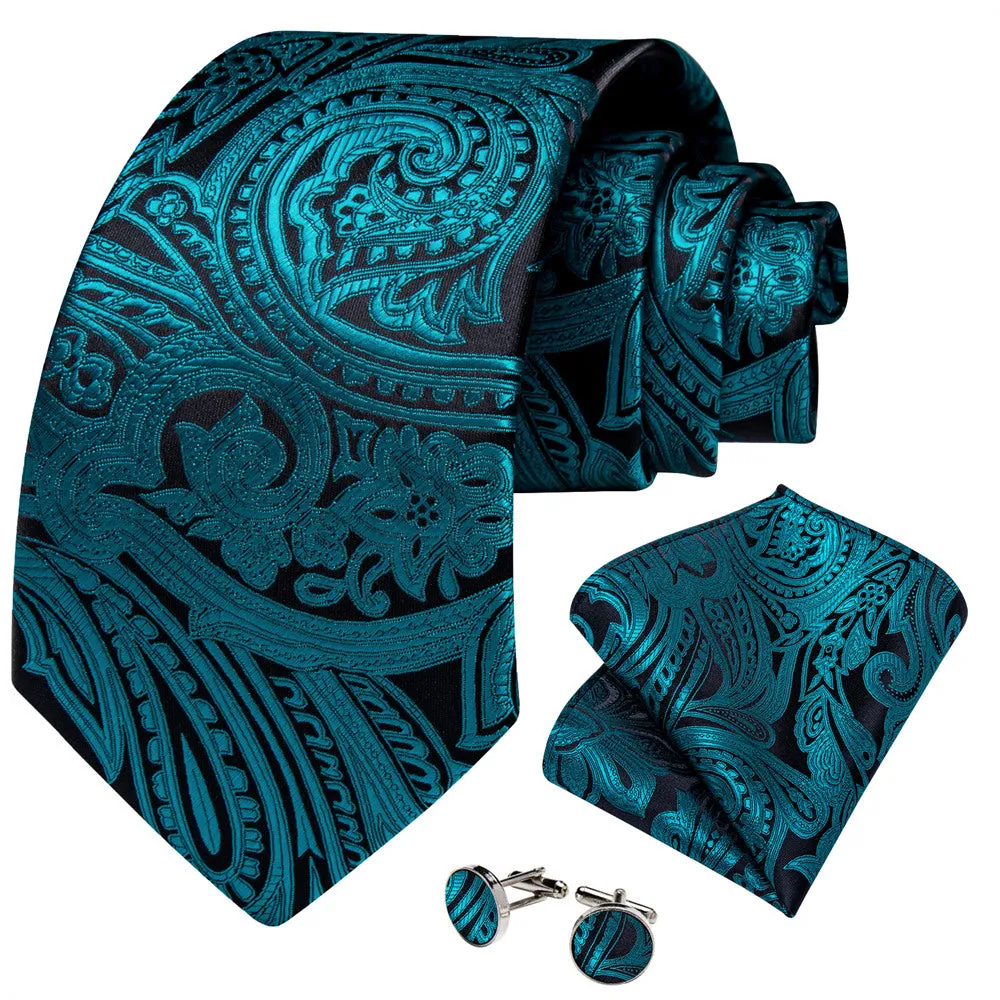 Ties2you Mens Tie Teal Blue Paisley Necktie Pocket Square Cufflinks Set sold by Ties2You product image thumbnail 4