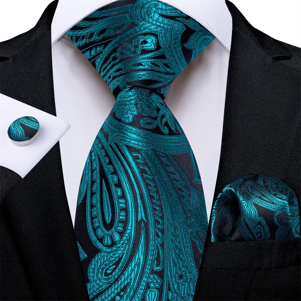 Ties2you Mens Tie Teal Blue Paisley Necktie Pocket Square Cufflinks Set sold by Ties2You