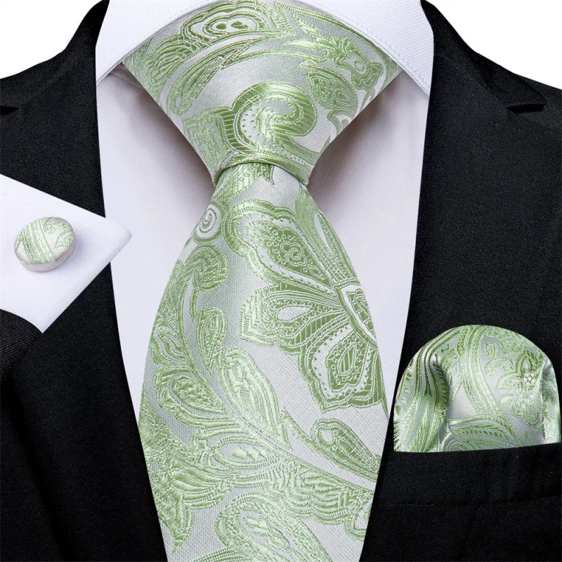 Ties2you Mens Tie Light Green Paisley Necktie Pocket Square Cufflinks Set made by Ties2You