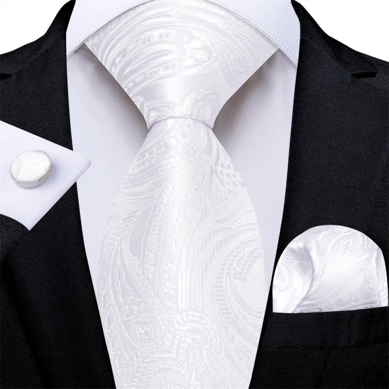 Ties2you Mens Tie White Paisley Necktie Pocket Square Cufflinks Set sold by Ties2You