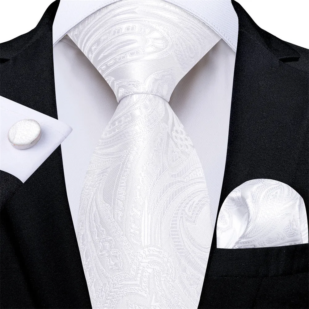 Ties2you Mens Tie White Paisley Necktie Pocket Square Cufflinks Set sold by Ties2You