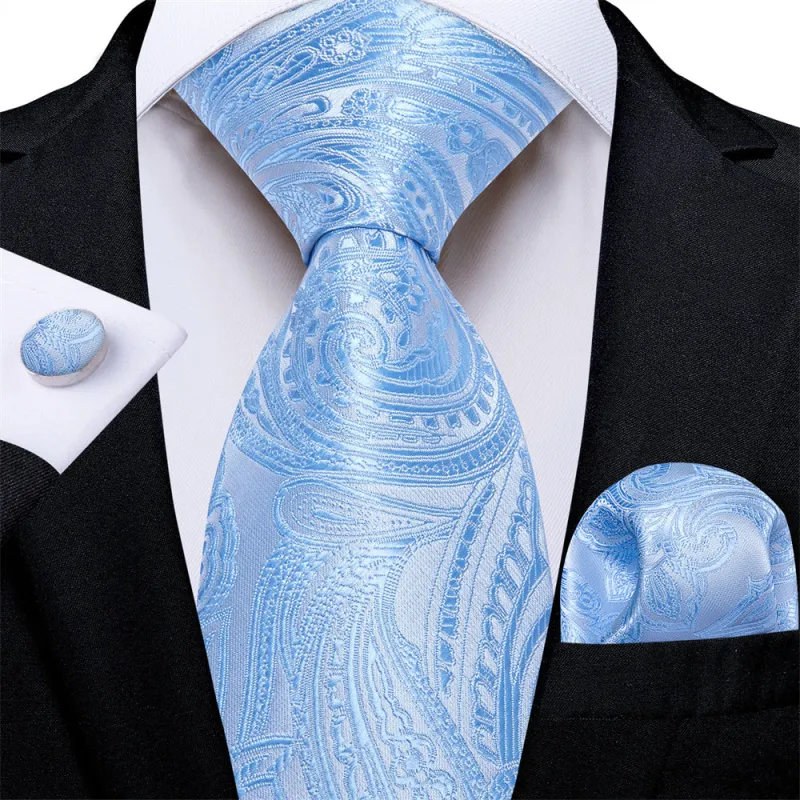 Ties2you Mens Tie Sky Blue Paisley Necktie Pocket Square Cufflinks Set sold by Ties2You