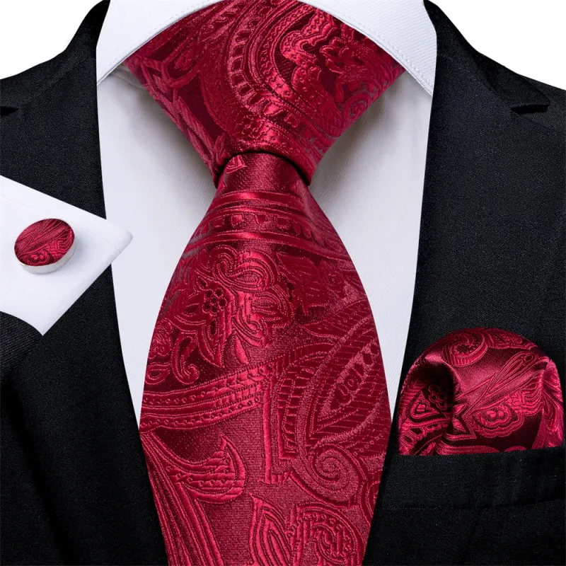 Ties2you Mens Tie Burgundy Paisley Necktie Pocket Square Cufflinks Set sold by Ties2You