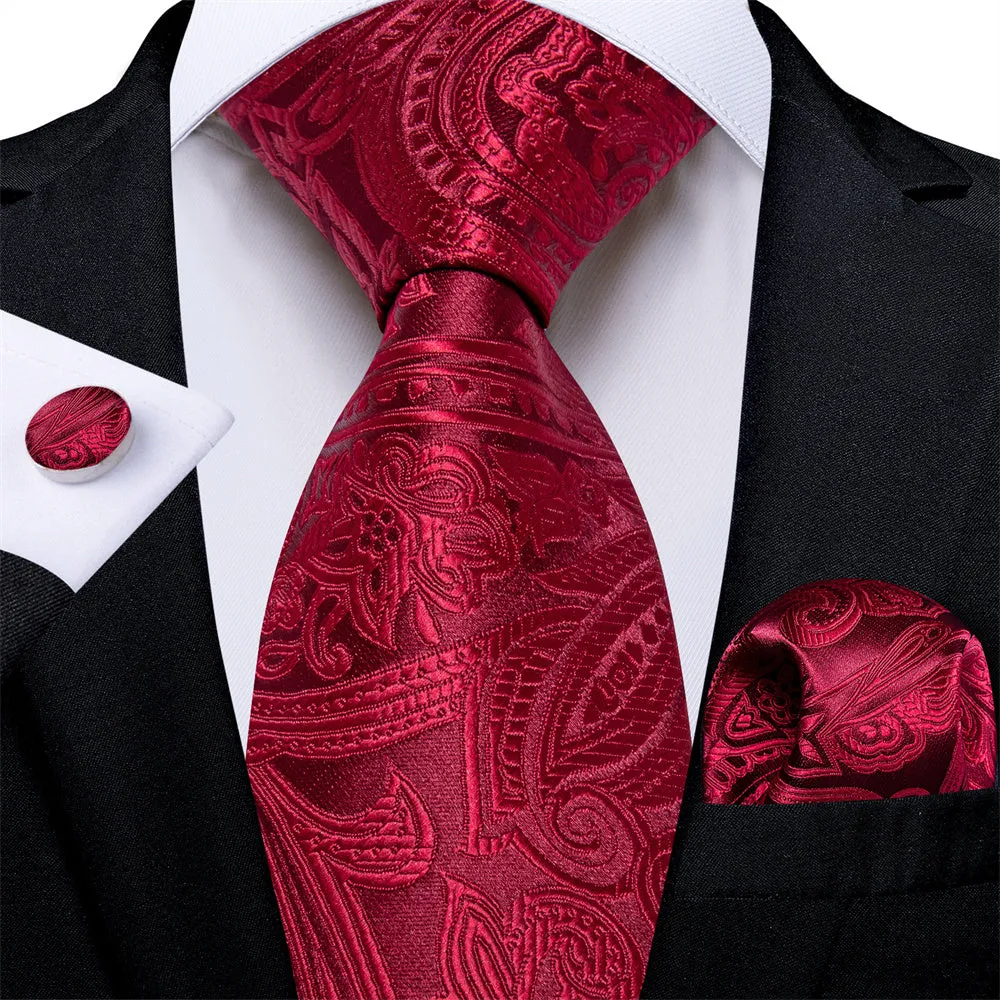 Ties2you Mens Tie Burgundy Paisley Necktie Pocket Square Cufflinks Set sold by Ties2You