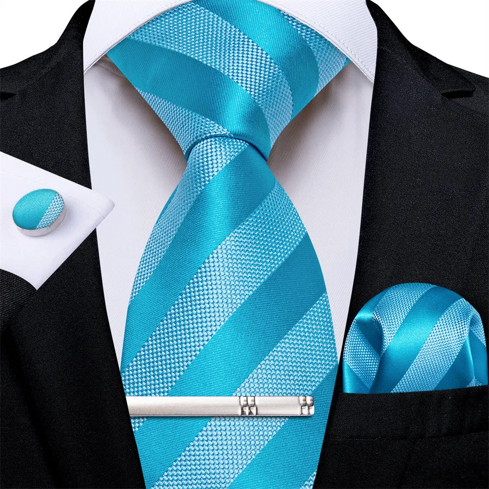 Ties2you Sky Blue Striped Men's Tie Pocket Square Cufflinks Set sold by Ties2You product image thumbnail 2