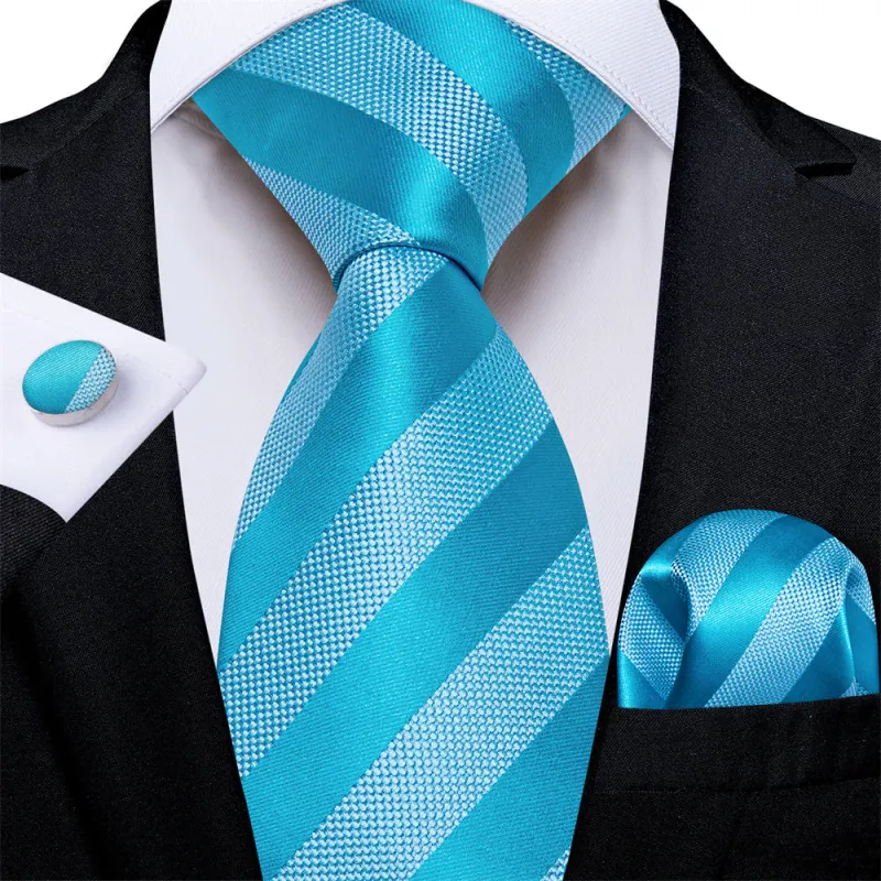 Ties2you Sky Blue Striped Men's Tie Pocket Square Cufflinks Set sold by Ties2You